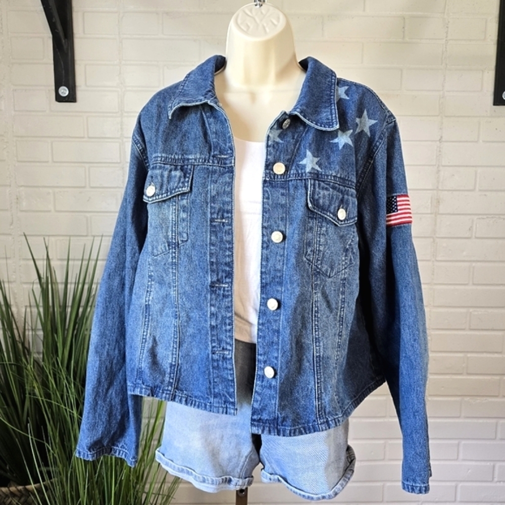 Baccini Star Patterned Denim Button Up Jacket Siz… - image 2